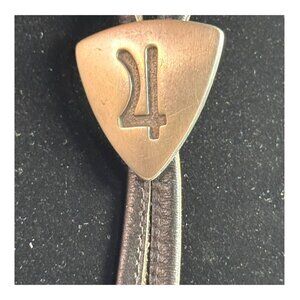 Vintage South Western Leather Bolo Tie Metal Tips & Sliding Guitar Pick Signed